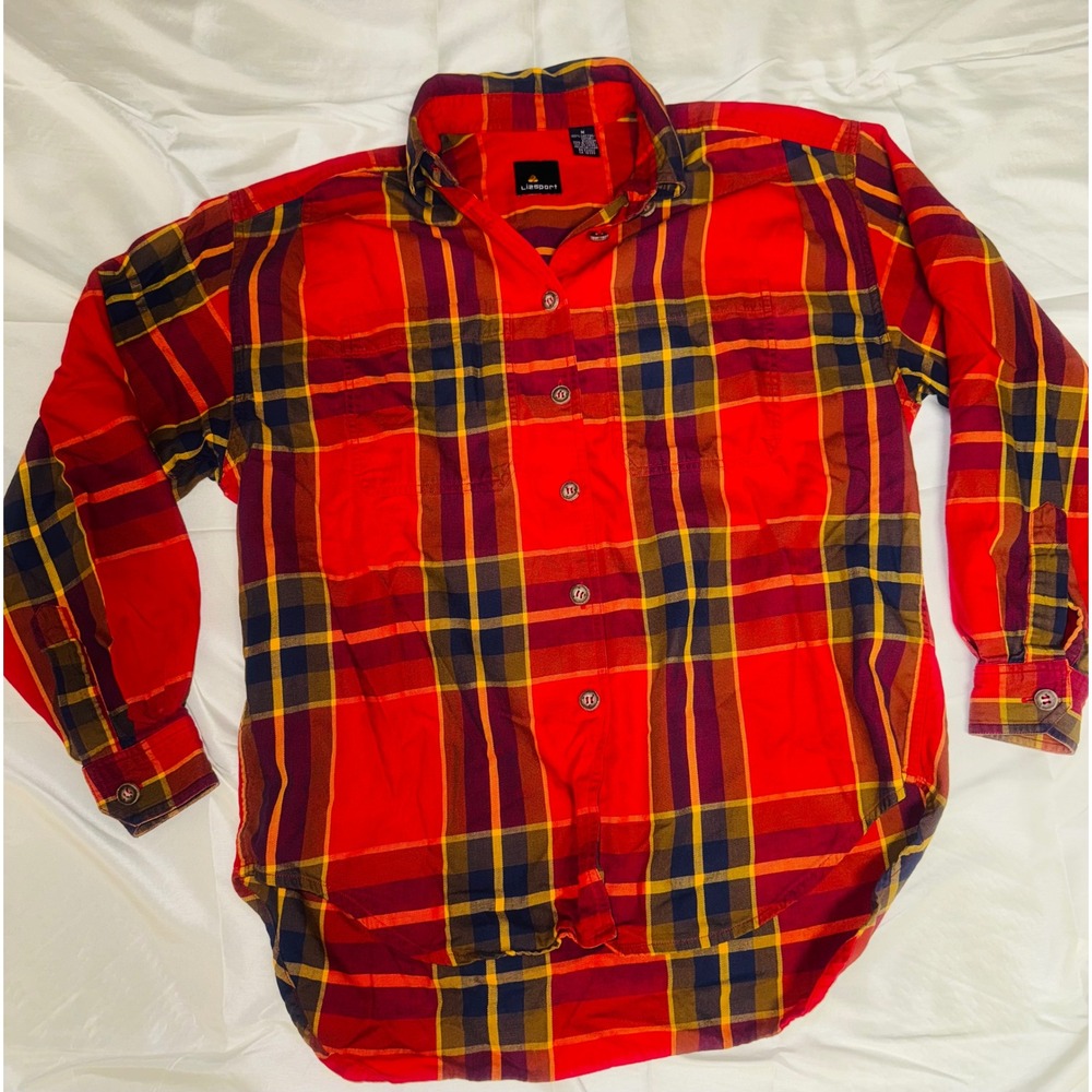 Vintage Lizsport Plaid Flannel Button Up Shirt Red Blue Womens Size Medium